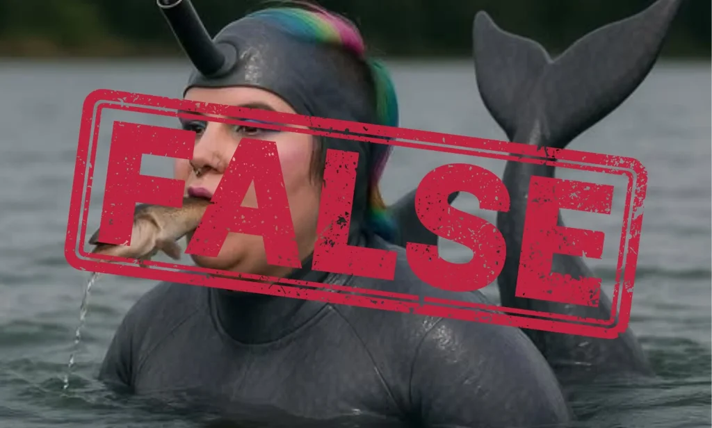 An AI-generated image of a woman swimming in a lake dressed as a dolphin with a graphic saying