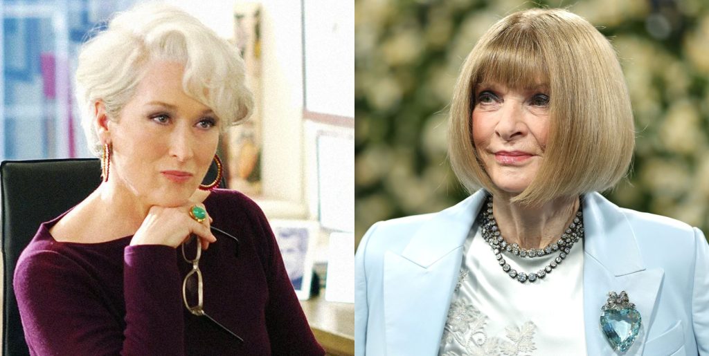 On the left, a still of Meryl Streep in character as Miranda Priestly. On the right, Anna Wintour at the 2025 Met Gala.