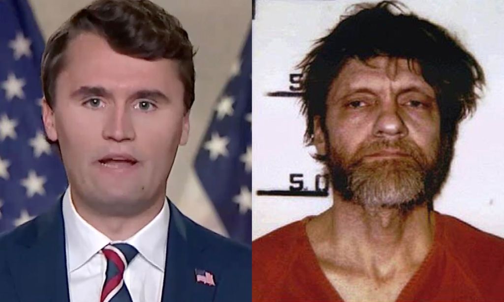 Una imagen dividida del experto de la derecha Charlie Kirk y la unabomber Ted Kaczynski.
