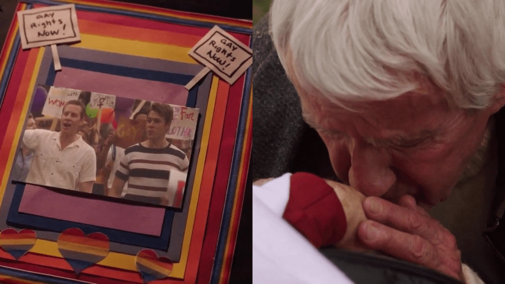 Una página de libro de desecho que muestra a dos hombres en un rally de los derechos de los homosexuales, y un anciano besando la mano de alguien. 