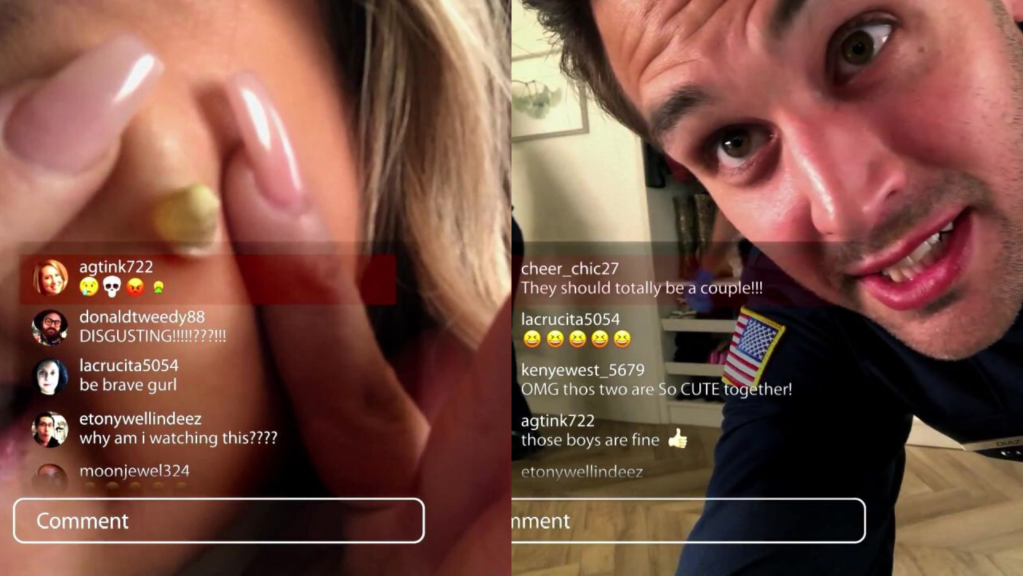 Las capturas de pantalla de un ganado que muestra a una mujer apretando un gusano de su rostro y Eddie con la cara cerca de la cámara.