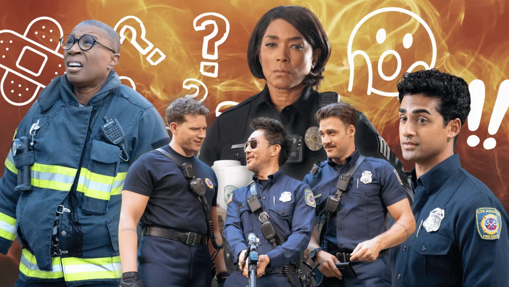 The 118 and Athena in front of a fiery background with confused and shocked emojis