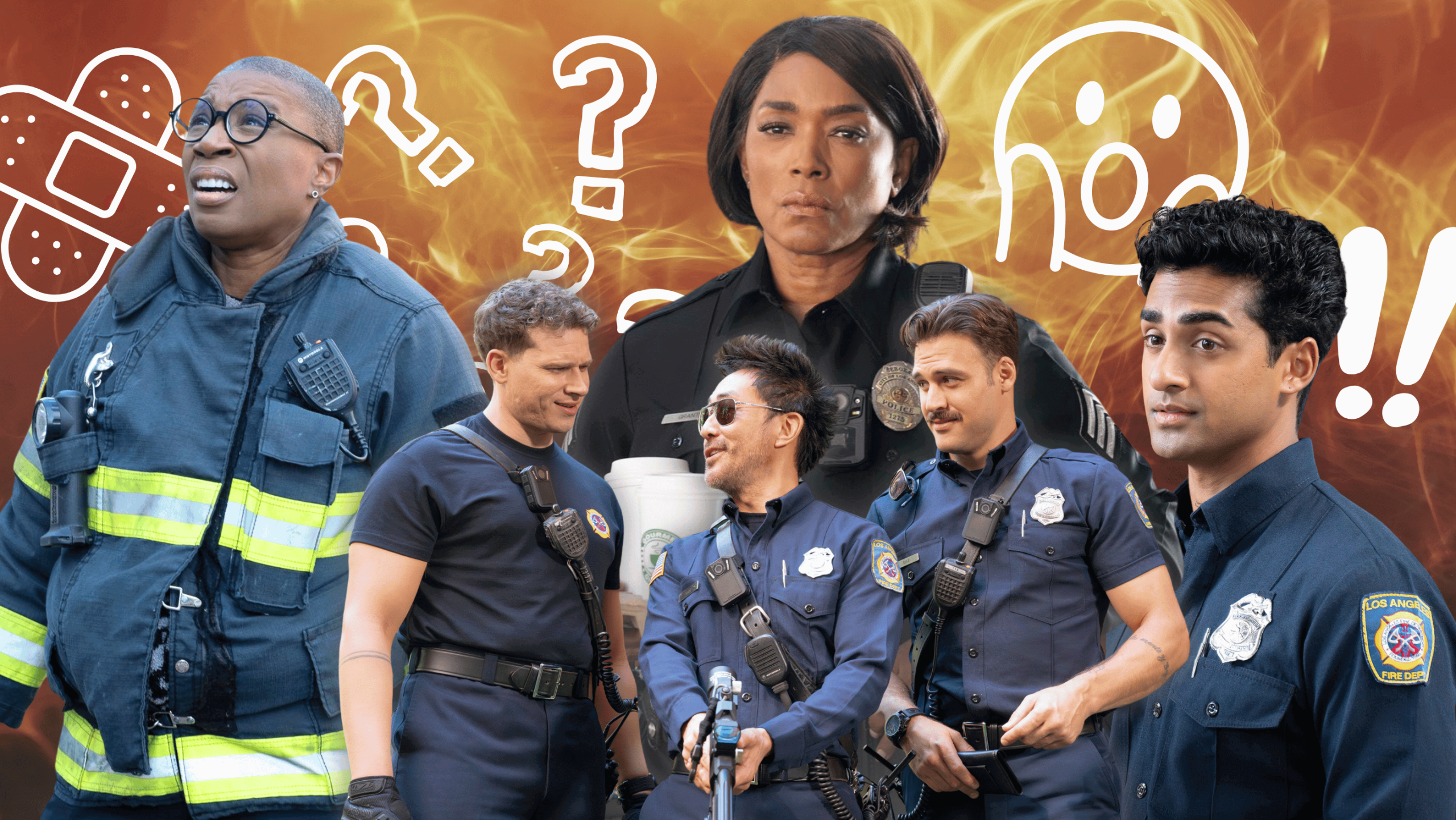 The 118 and Athena in front of a fiery background with confused and shocked emojis