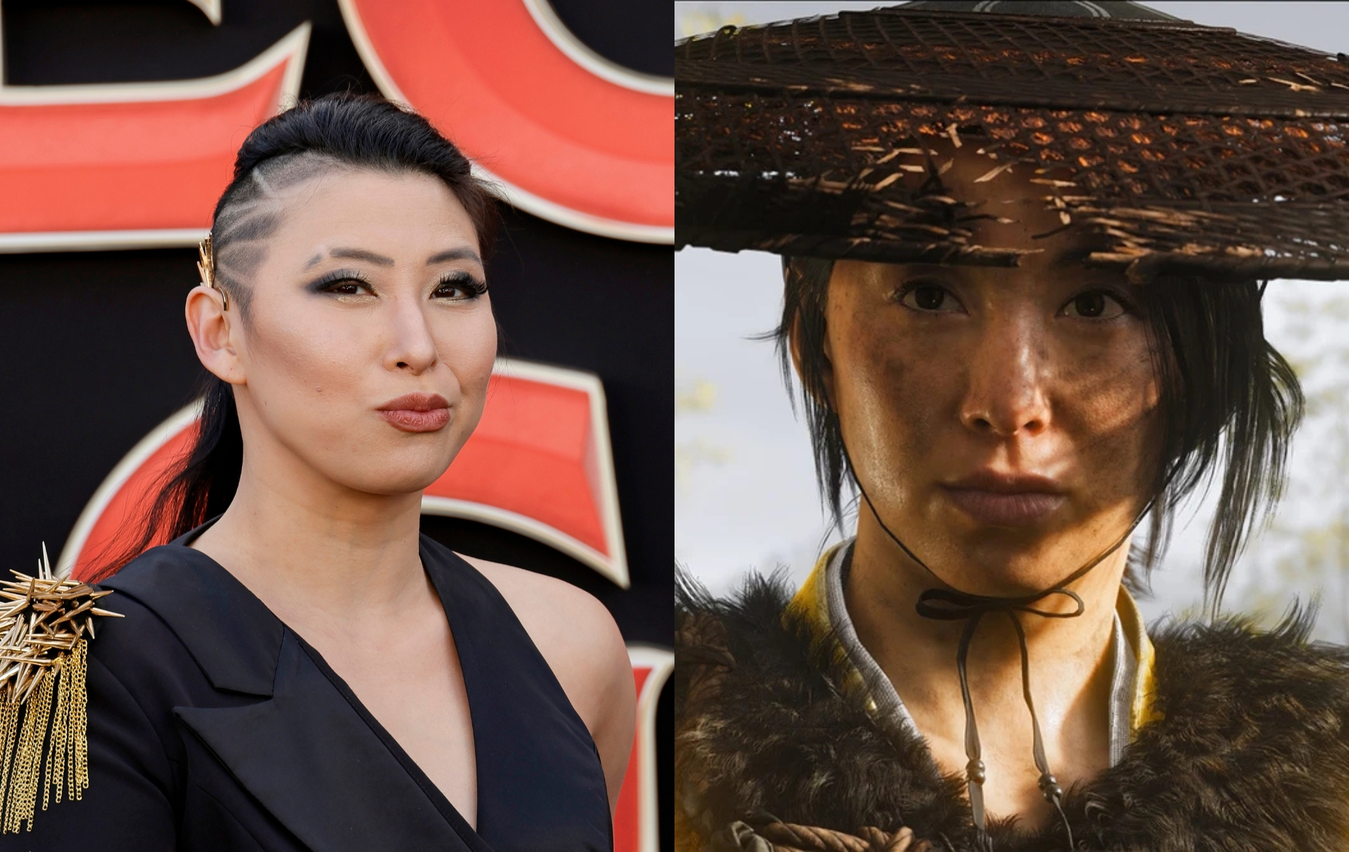 Erika Ishii attends the Los Angeles Premiere Of Dungeons And Dragons: Honor Among Thieves. Side of their head shared with a black suit top. Then a still from Ghost of Yōtei where someone with a straw hat and fur shawl looks beyond the camera.