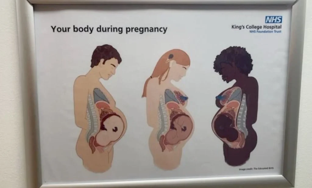 A fake NHS diagram on a wall showcasing three pregnant people