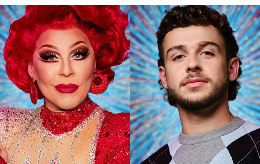 La Voix with red hair and red sequined earings and dress. George Clarke in a blue, grey and black chequered jumper.