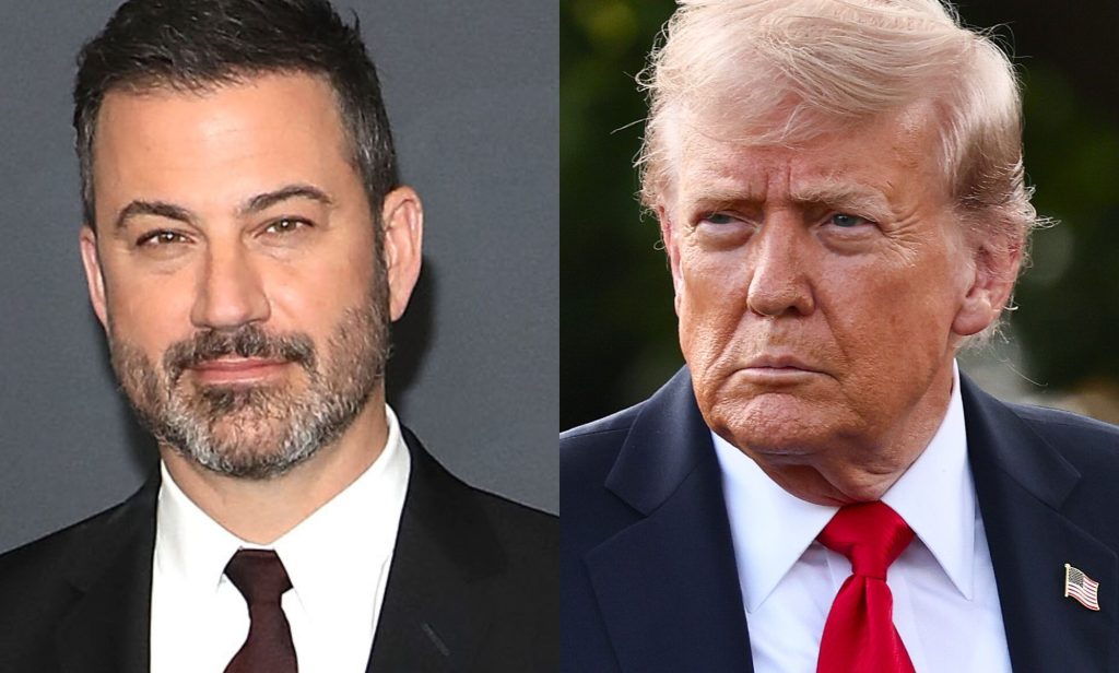 A split image of Jimmy Kimmel, left, and Donald Trump, right.