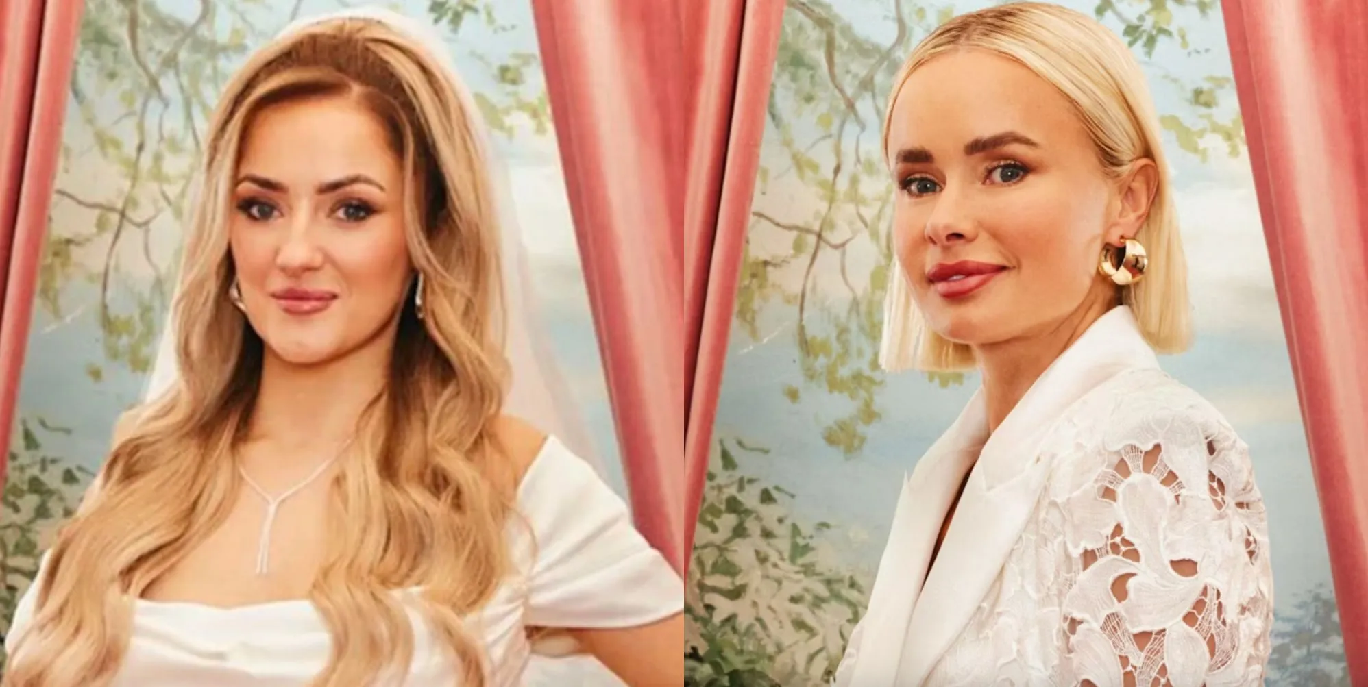 Leigh and Leah in their Married at First promo photos, dressed in white wedding gowns.