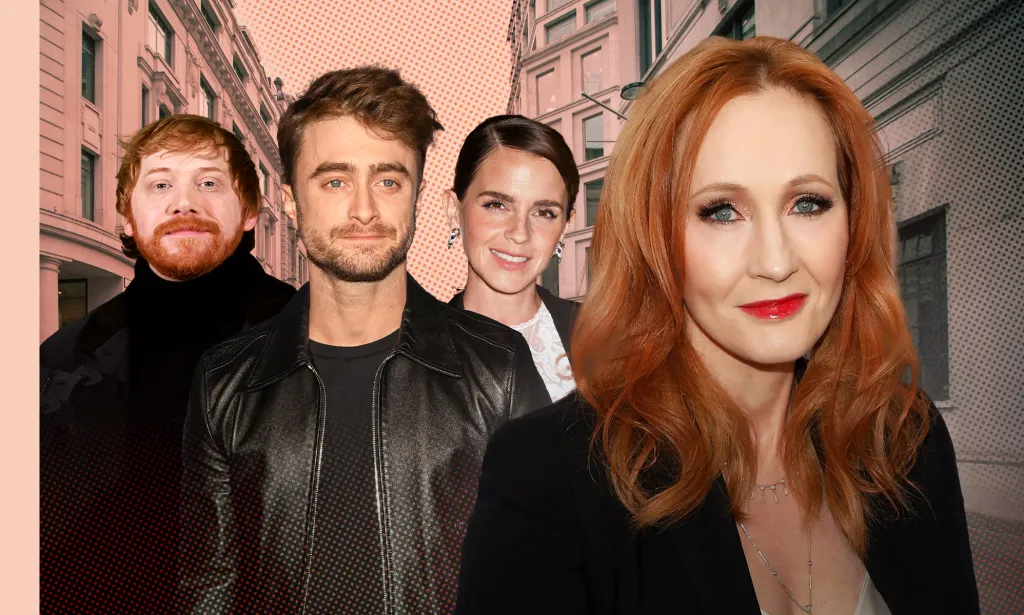 Actores de Harry Potter Rupert Grint, Daniel Radcliffe y Emma Watson superpusieron junto al autor JK Rowling