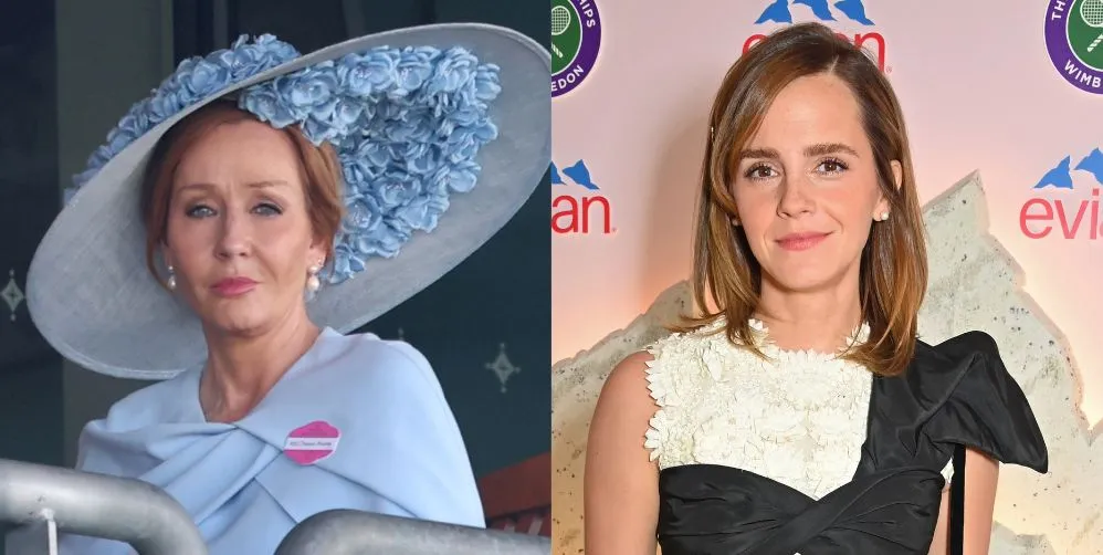 On the left, JK Rowling in a big blue hat and shawl. On right Emma Watson at Wimbledon in a white and black dress.
