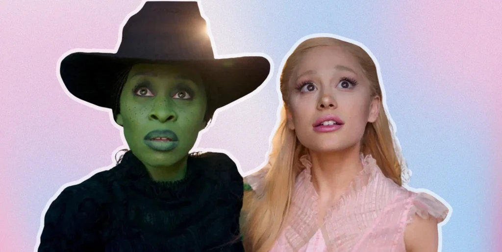 Cynthia Erivo and Ariana Grande in Wicked against a pink and blue background.