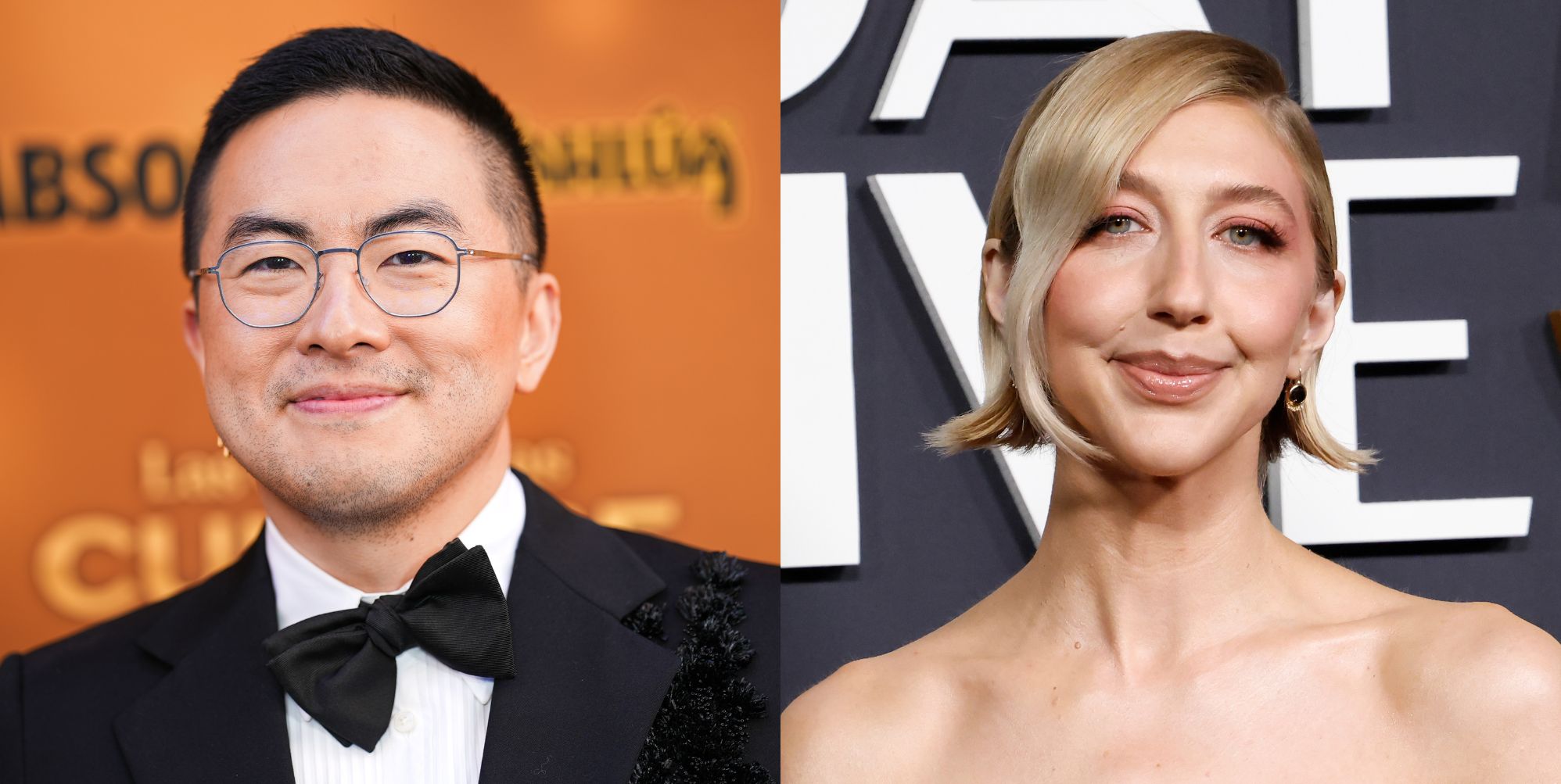 Bowen Yang and Heidi Gardner at separate red carpet events posing and smiling.