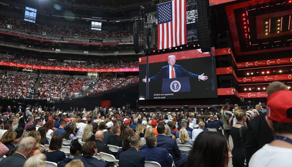 GLENDALE, ARIZONA - SEPTEMBER 21: U.S. President Donald Trump speaks during the memorial service for political activist Charlie Kirk at State Farm Stadium on September 21, 2025 in Glendale, Arizona. Kirk, the CEO and co-founder of Turning Point USA, was shot and killed on September 10th while speaking at an event during his