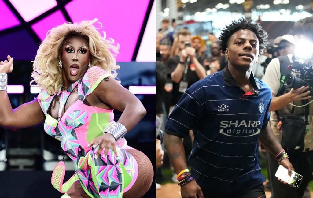 Two images: One of Kori King performing during the Lip-Sync Battle Royale at OUTLOUD Music Festival and the other of IShowSpeed being filmed as he walks through a crowd with a blue football shirt on and phone in his hand Kori King performs during the Lip-Sync Battle Royale at OUTLOUD Music Festival