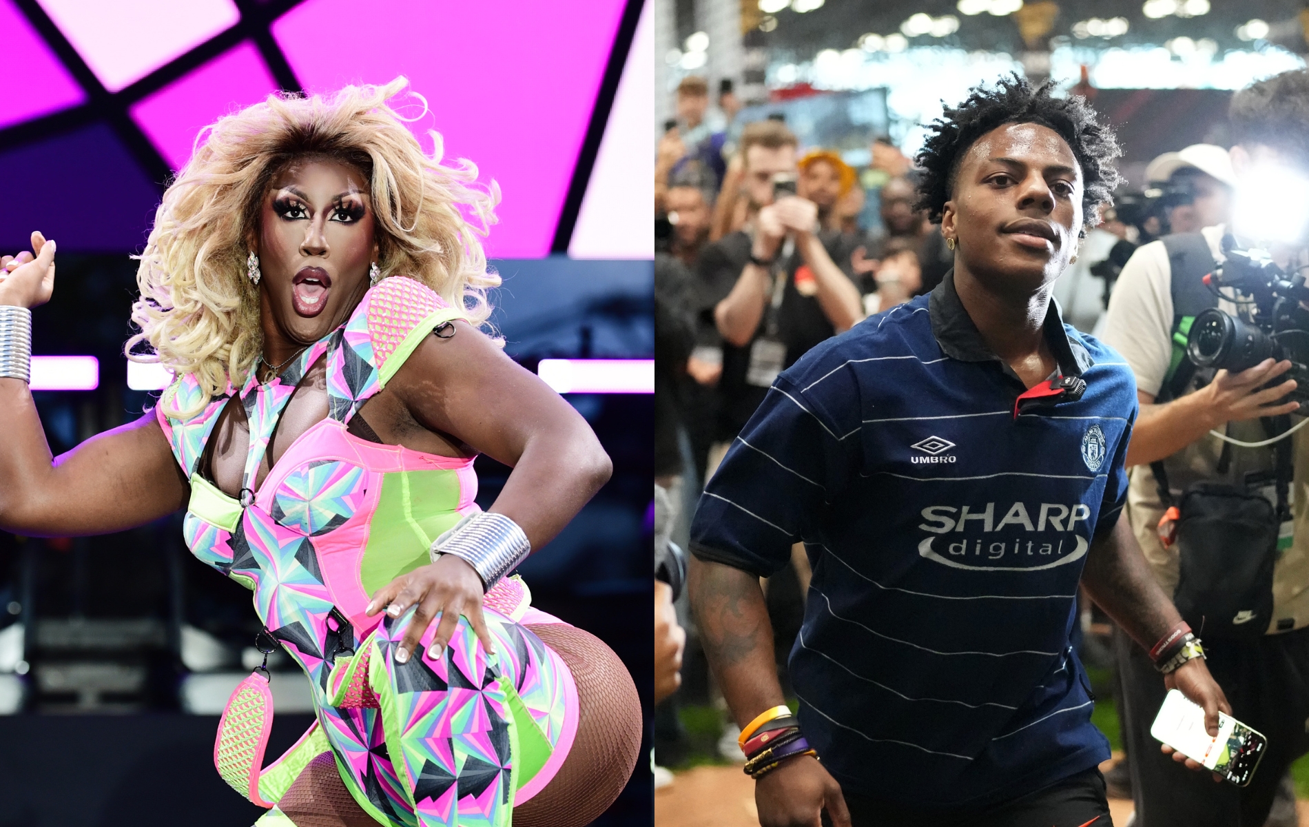 Two images: One of Kori King performing during the Lip-Sync Battle Royale at OUTLOUD Music Festival and the other of IShowSpeed being filmed as he walks through a crowd with a blue football shirt on and phone in his hand Kori King performs during the Lip-Sync Battle Royale at OUTLOUD Music Festival