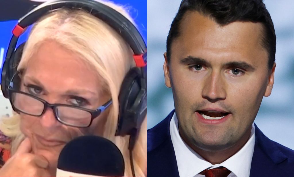 A split image of Vanessa Feltz on the left and Charlie Kirk on the right.
