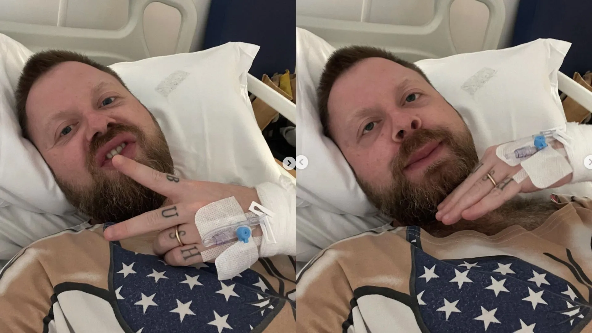 Two selfies of Ginny Lemon in a hospital bed.