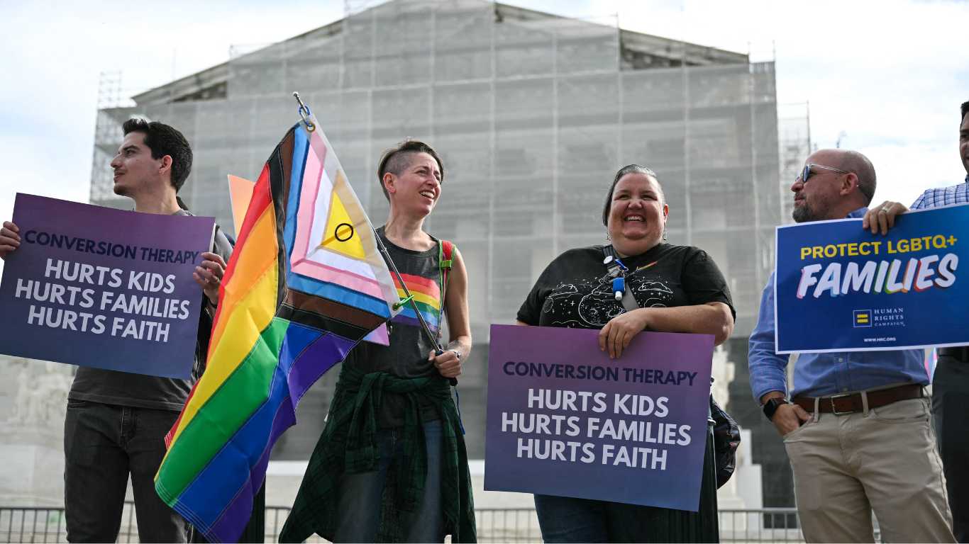 Demonstrators protest against conversion therapy outside the US Supreme Court as the Court hears oral arguments in Chiles v. Salazar – a landmark case on conversion therapy.