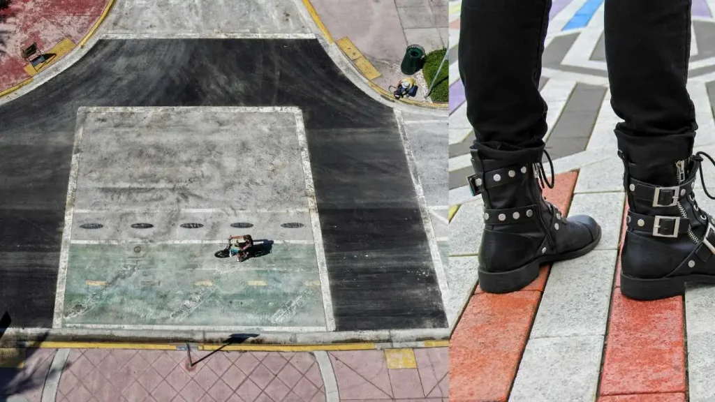 In an aerial view, the intersection where the Florida Department of Transportation removed the LGBTQ+ rainbow crosswalk and replaced it with black pavement on 6 October, , 2025, in Miami Beach, Florida
