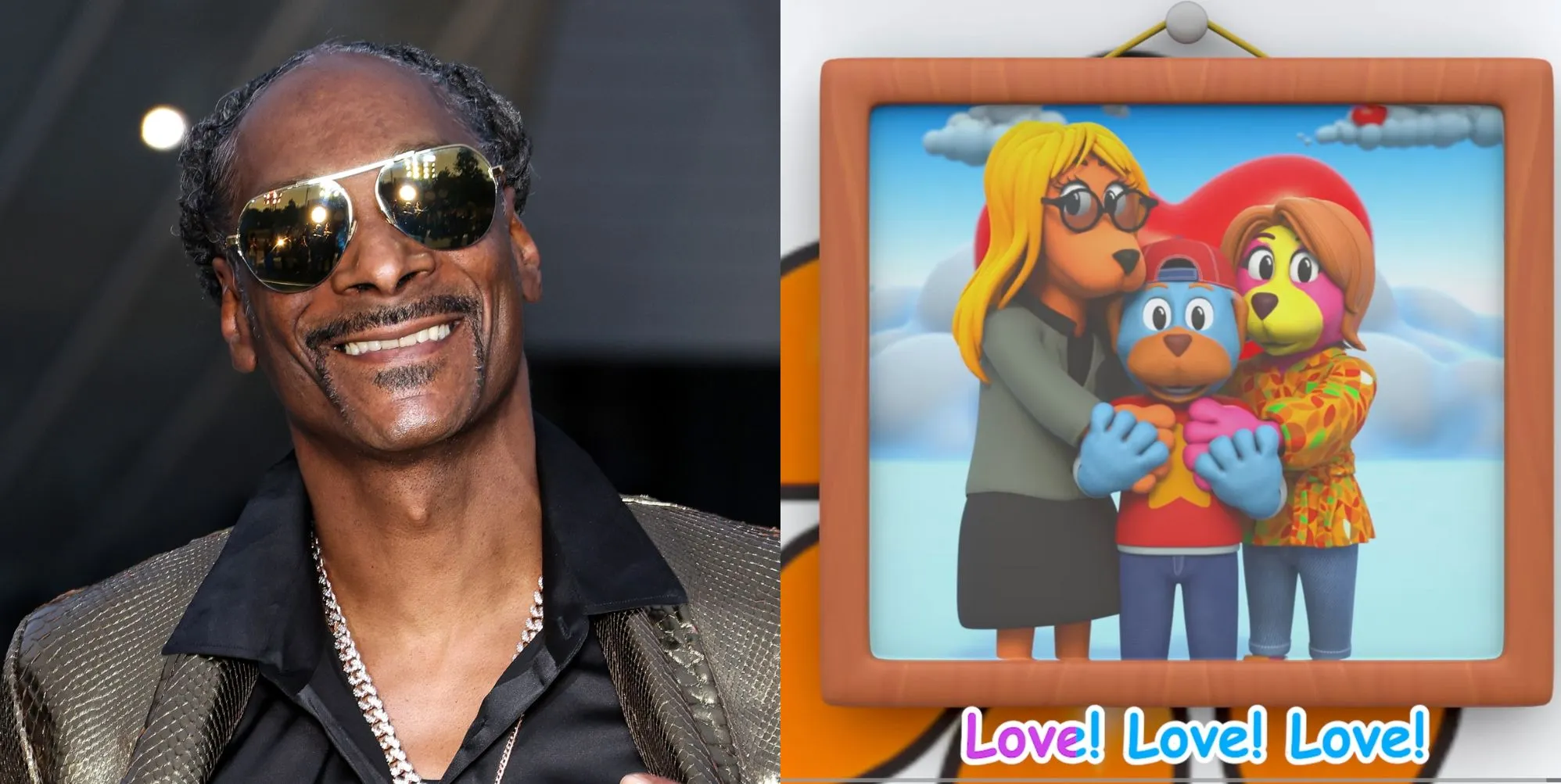 On the left, Snoop Dogg smiles while wearing a black shirt, gold jacket and black sunglasses. On the right, a still from the Love Is Love animated music video.