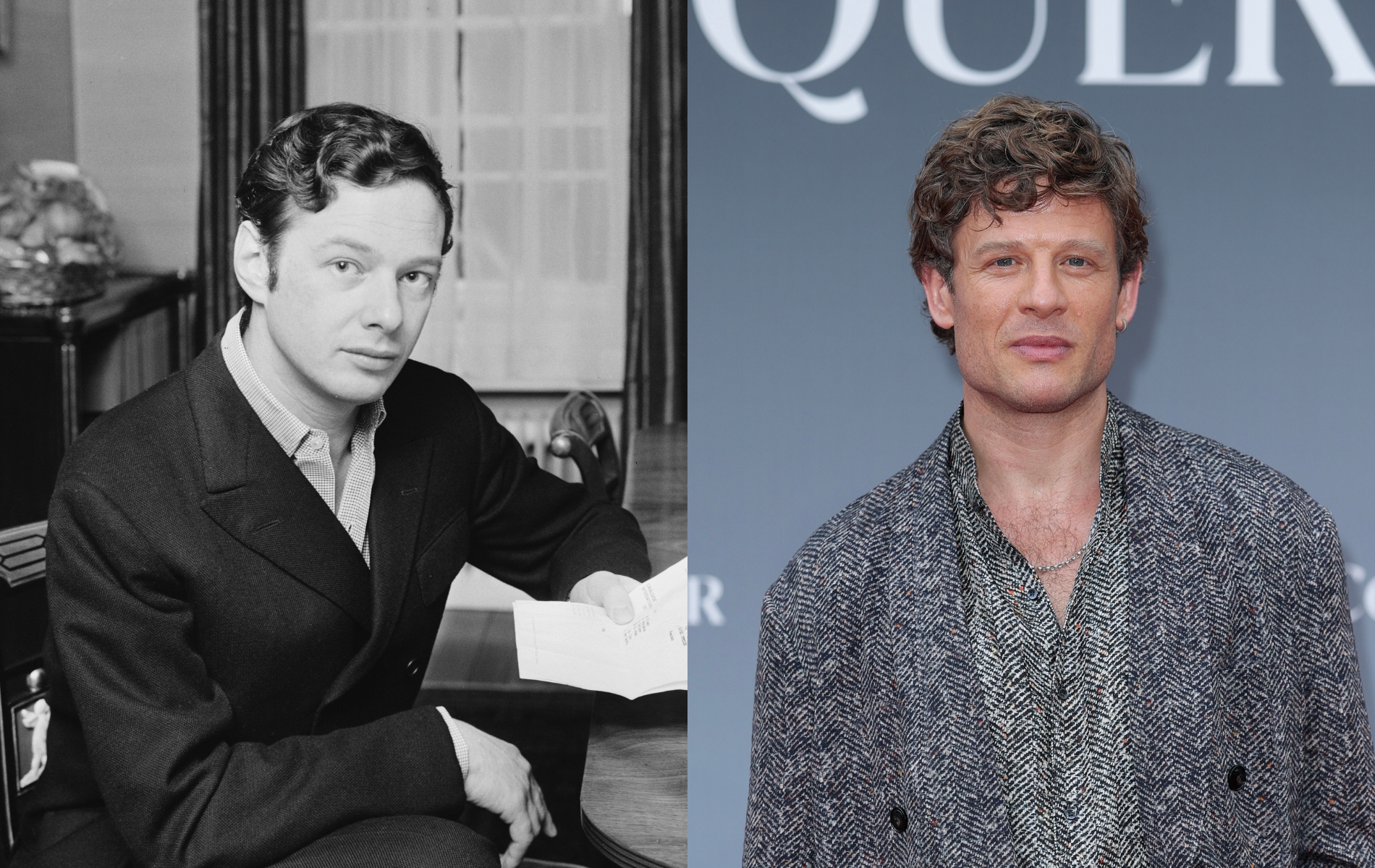 Black and white image of Brian Epstein in a suit reading a letter beside an image of actor James Norton wearing a grey shirt and jacket.