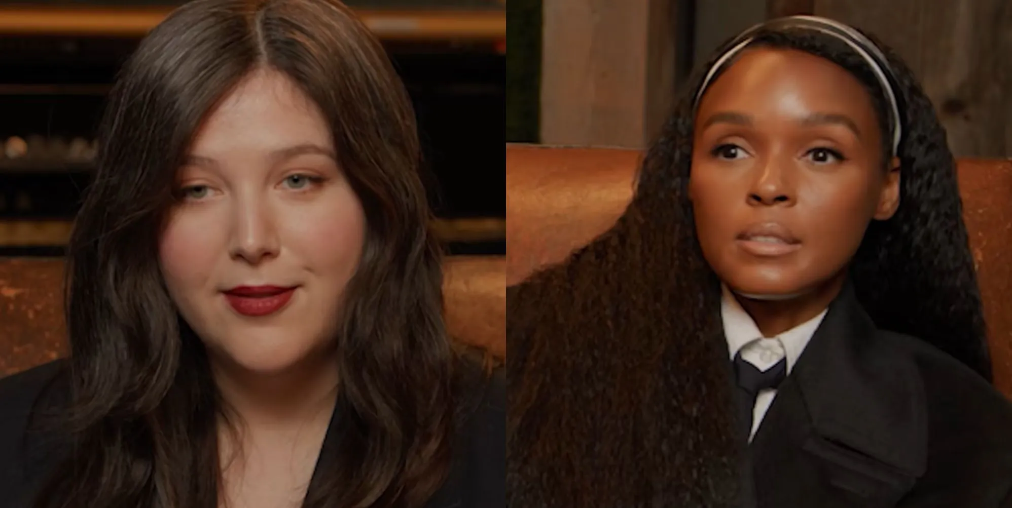 A split image composite featuring musicians Lucy Dacus and Janelle Monáe in conversation in a brown room.