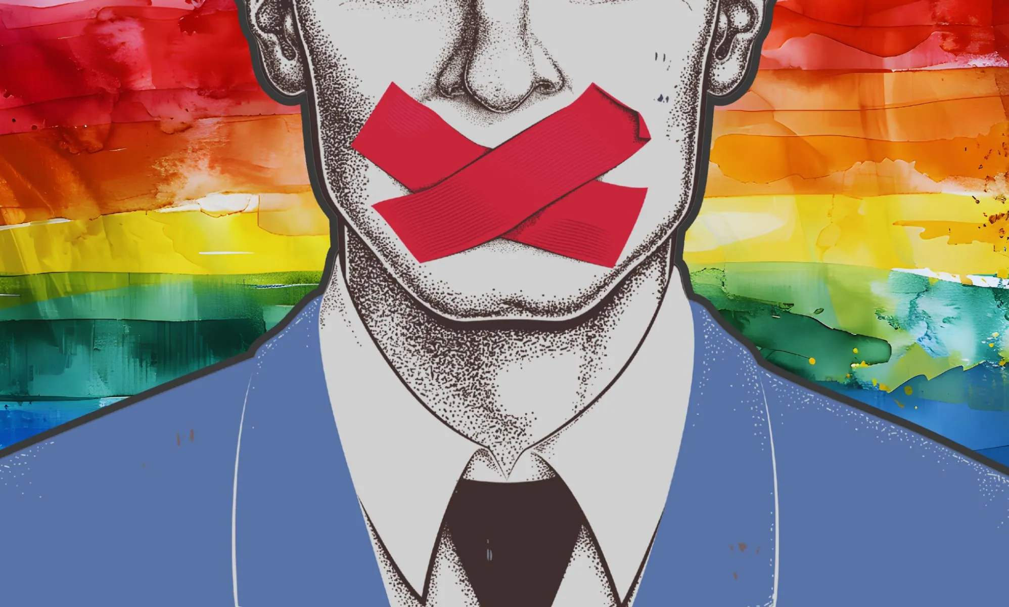 An illustration of a man with red tape in front of a rainbow flag.