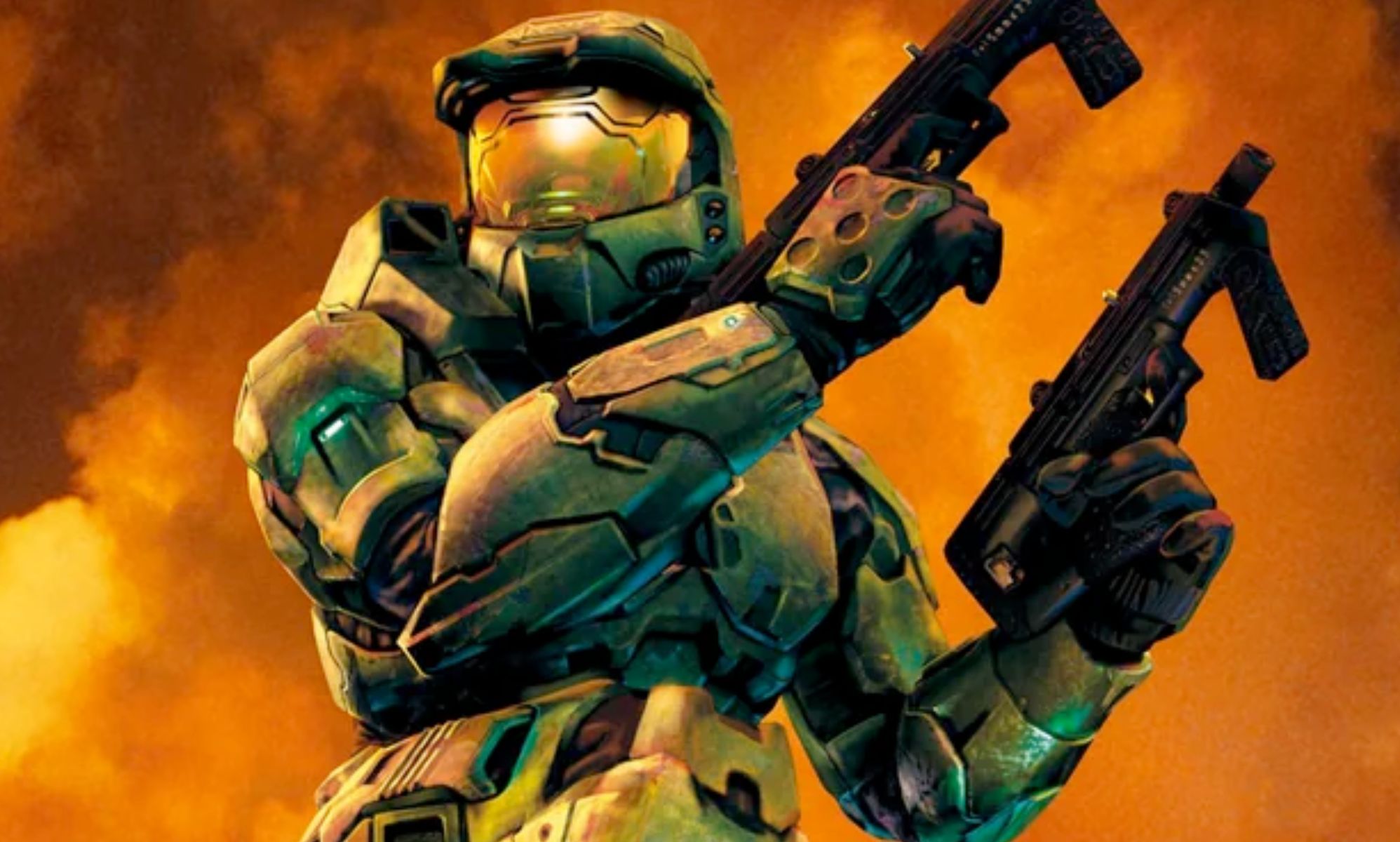 Halo protagonist, Master Chief, holding two SMGs.