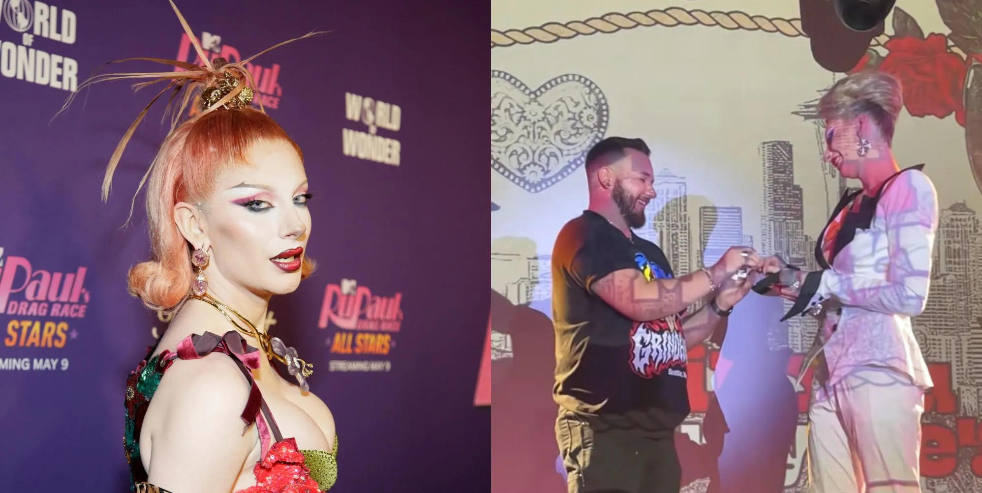 on the left, Bosco on the red carpet premiere of all stars 10. On the right, a still from a tiktok video featuring Bosco and her partner Blake getting engaged.