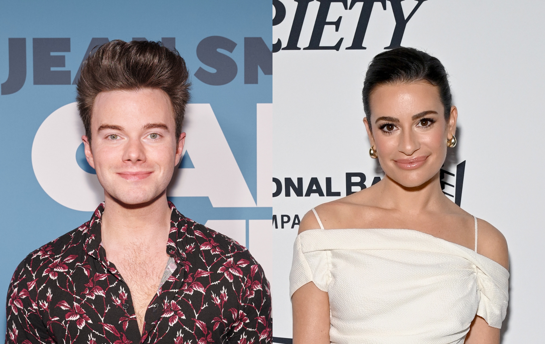 side by side photos of Chris Colfer in a red and black floral shirt then Lea Michele in a white dress.