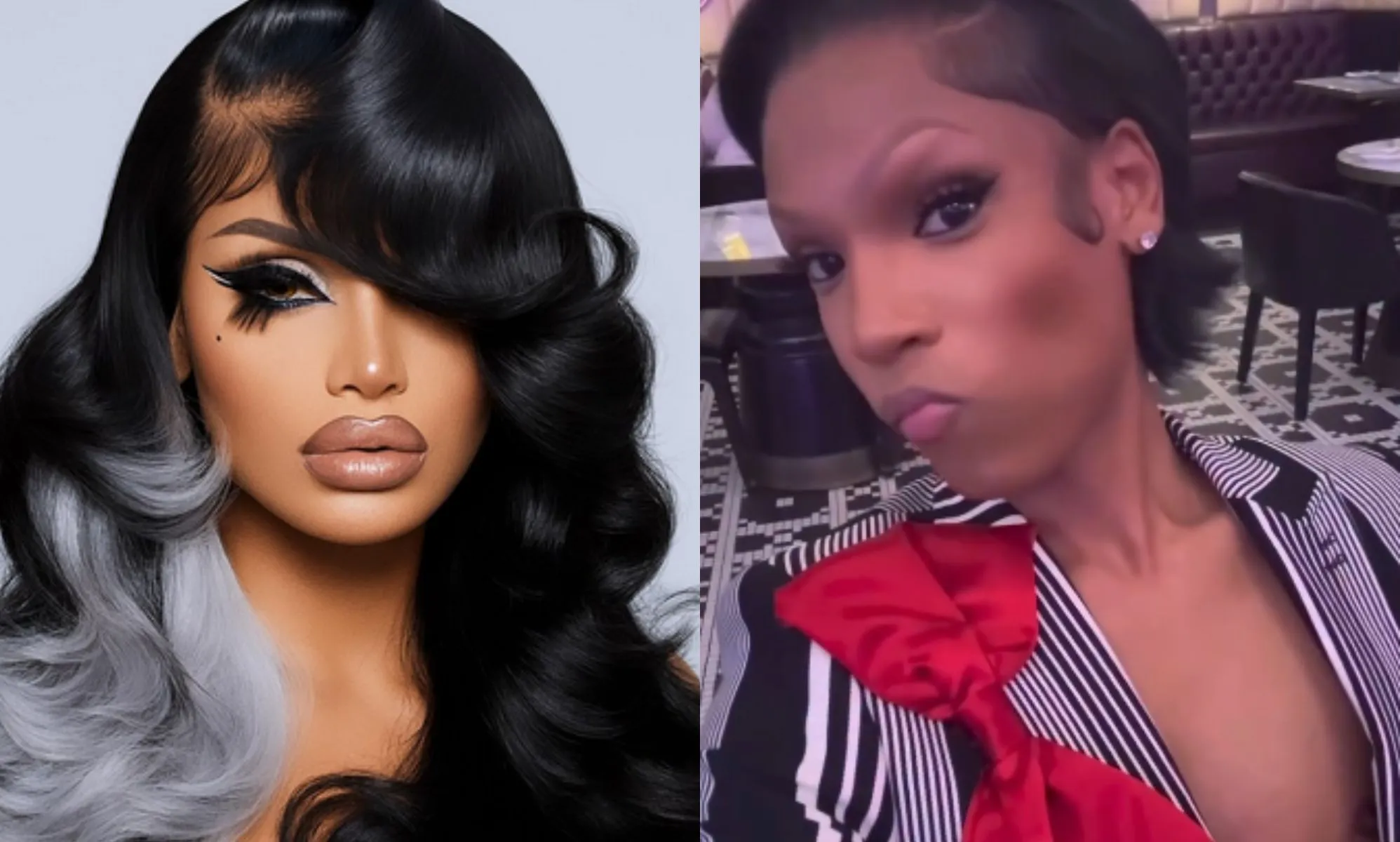 A split image of a wig (left) and Norman Freeman (right).