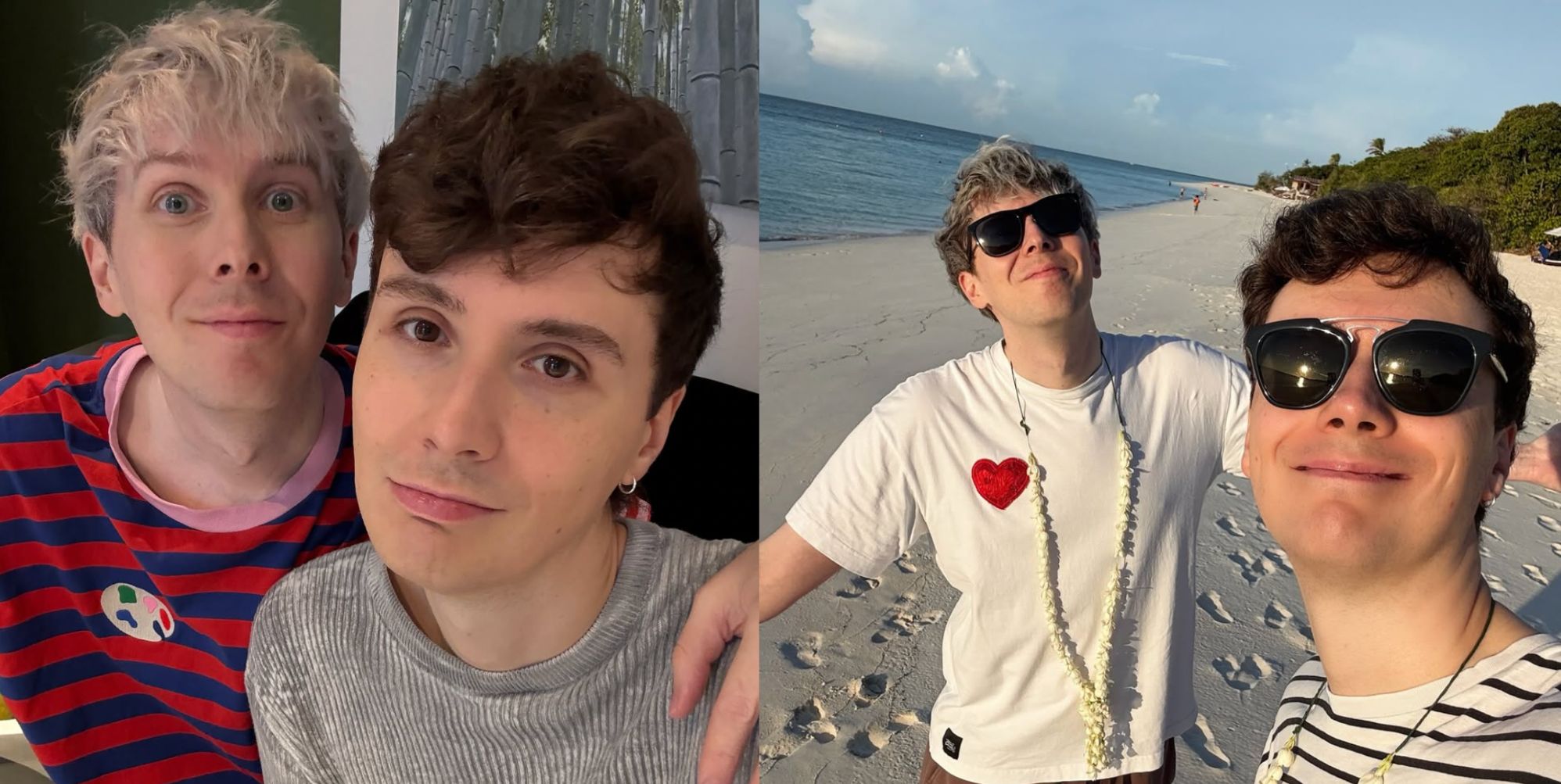 Two photos of Dan and Phil together in an image composite.