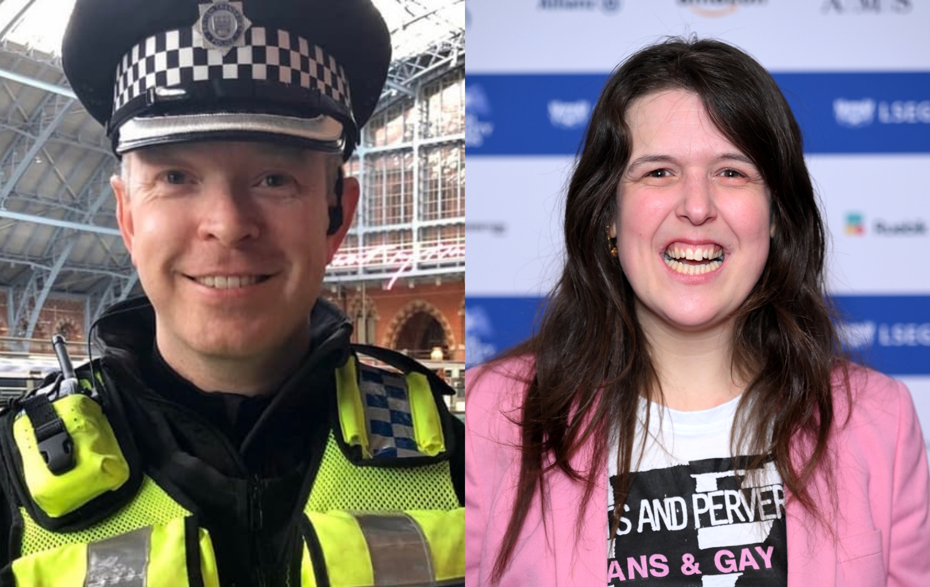 Image of Chief Superintendent at the British Transport Police, Chris Casey, in a high vis pollce vest and hat. Image of Rosie Jones wearing a pink suit smiling.