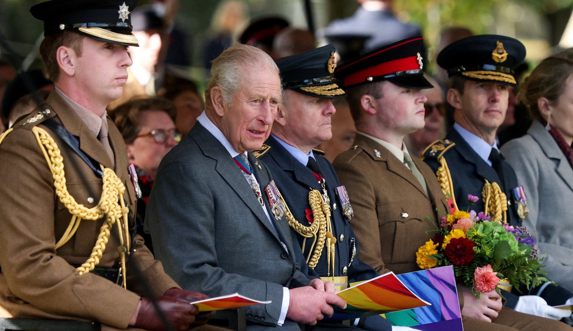 ALREWAS, STAFFORDSHIRE - OCTOBER 27: King Charles III (2nd L) during the dedication ceremony for a new memorial to the Armed Forces LGBT+ community at Founders Room National Memorial Arboretum on October 27, 2025 in Alrewas, Staffordshire. The memorial, named