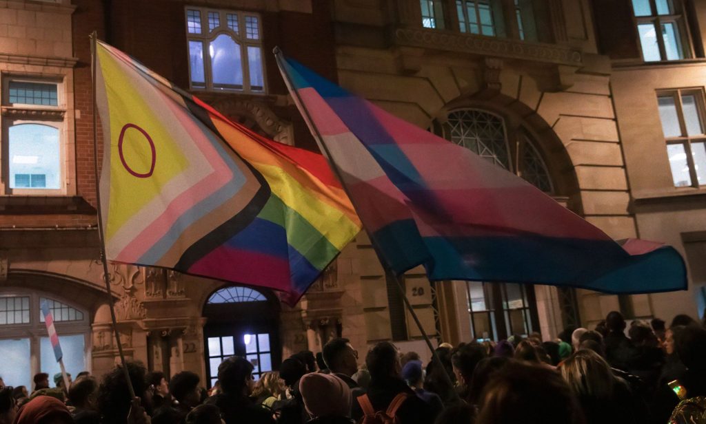 A group of protestors holding LGBTQ+ Pride flags.
