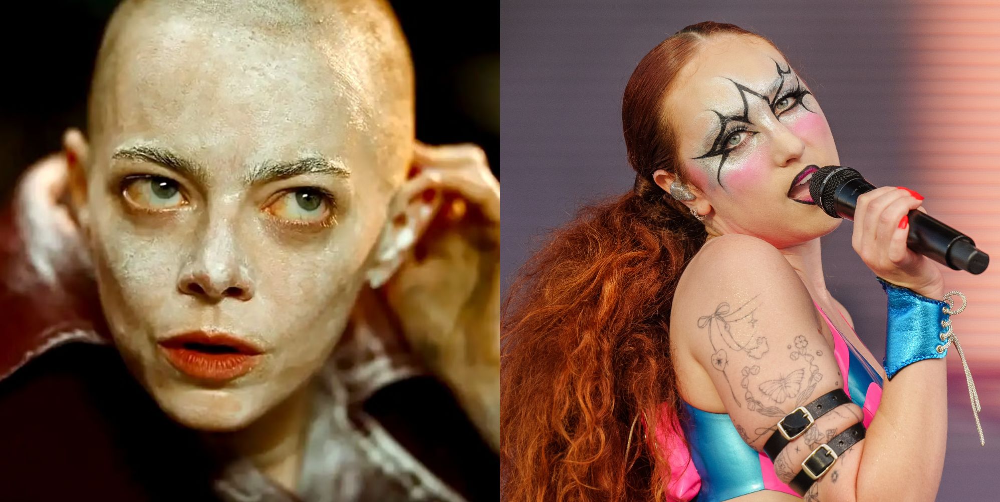 On the left, Emma Stone is bald and covered in white makeup for her new film Bugonia. On the right, Chappell Roan performs in a blue and pink bra and white eye makeup.