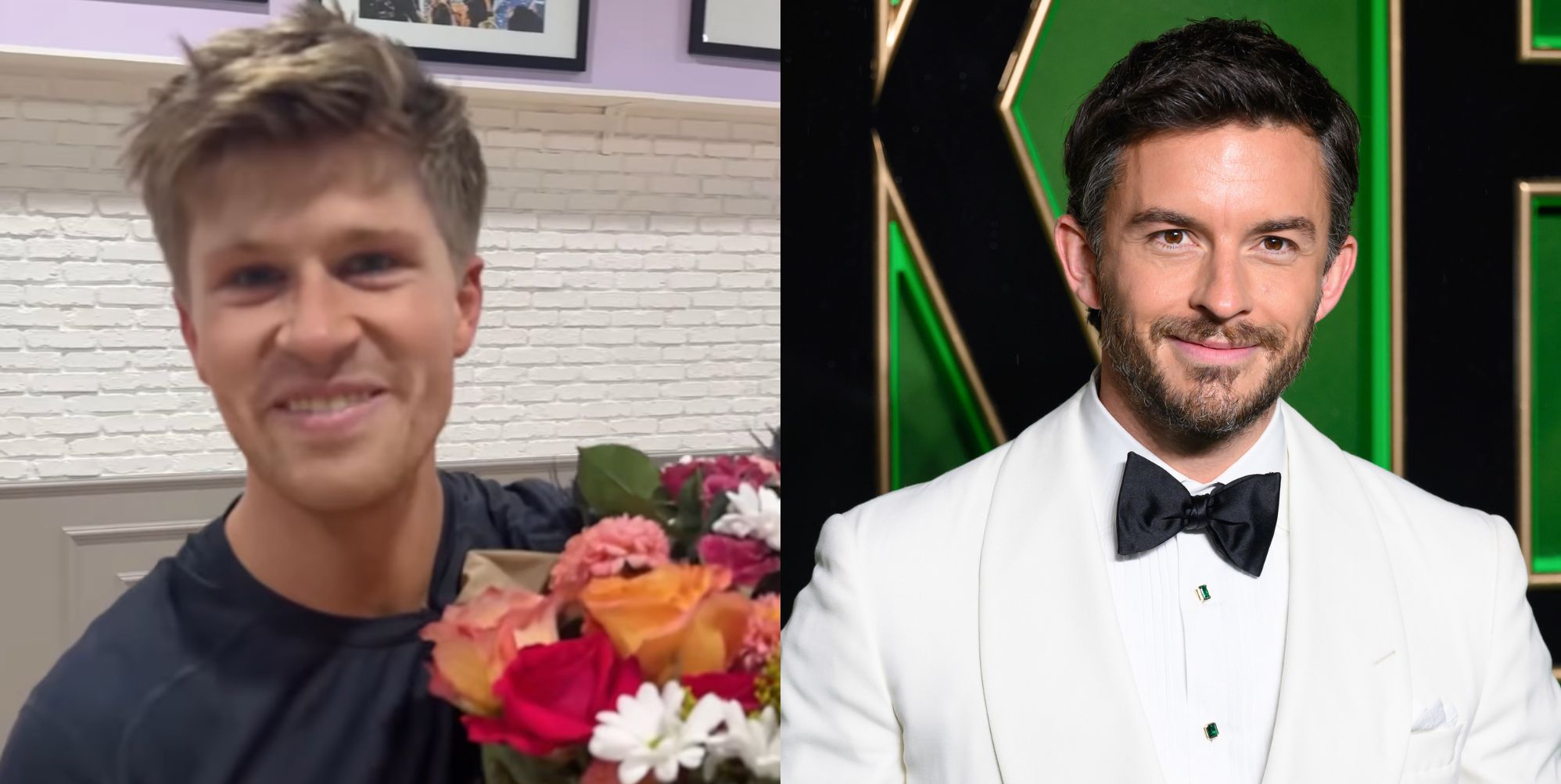 On the left, Robert Irwin smiling holding a bunch of flowers. On the right, Jonathan Bailey in a white suit and bow tie at the 2024 Wicked premiere.