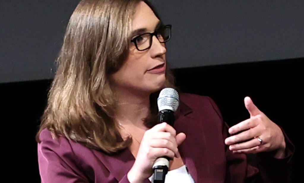 Sarah McBride speaking during the State of Firsts premiere in New York.