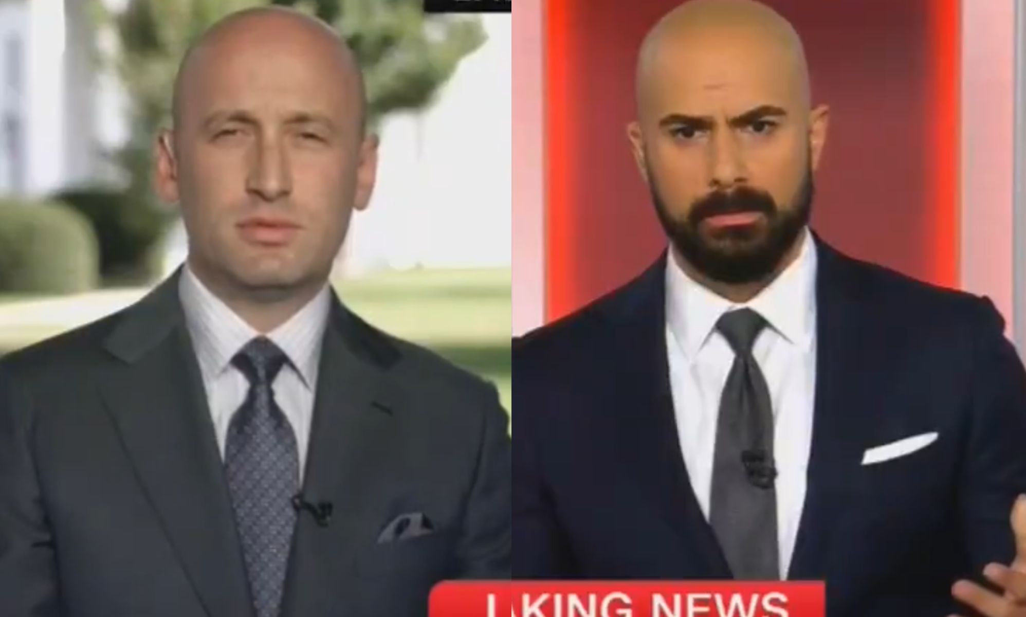 A split image of Stephen Miller (left) and Boris Sanchez (right).