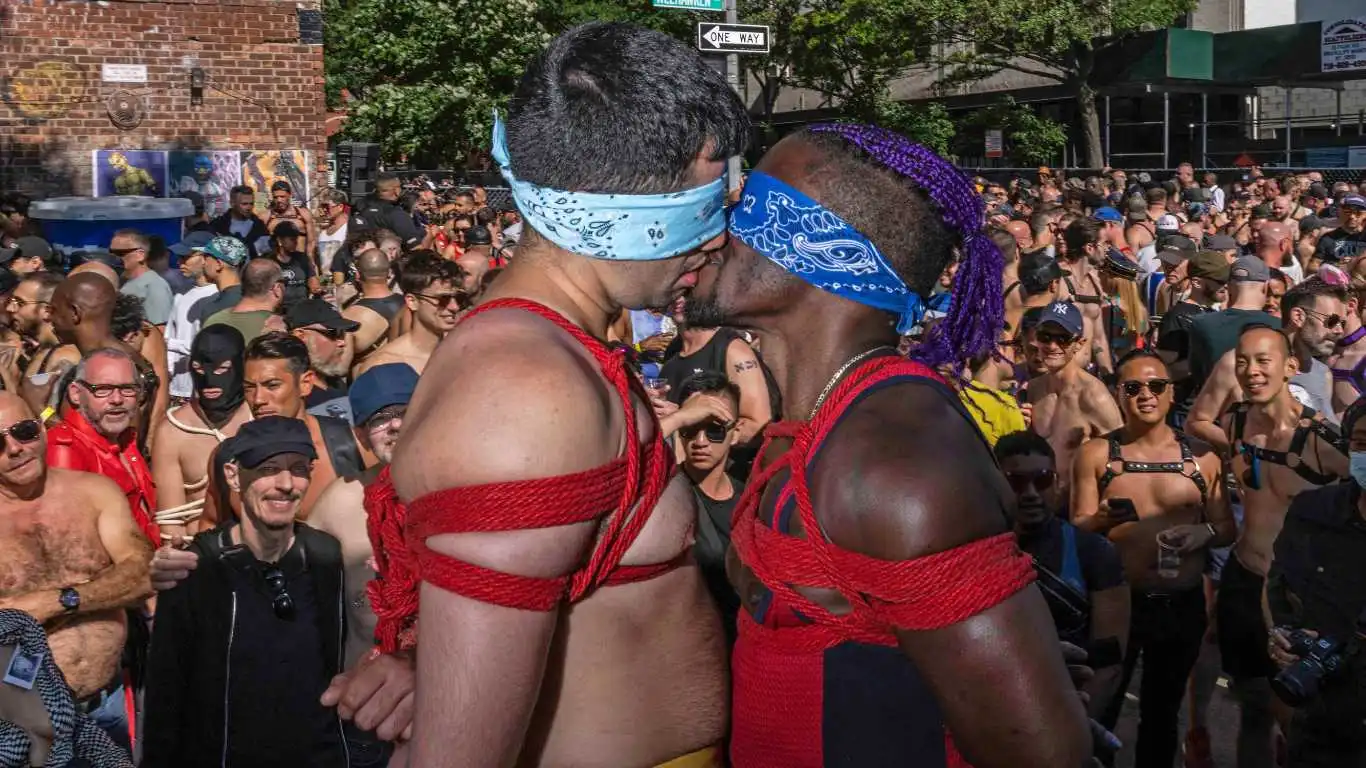 People take part in the annual Folsom East Street fair catering to BDSM and leather subculture in New York city on June 19, 2022.