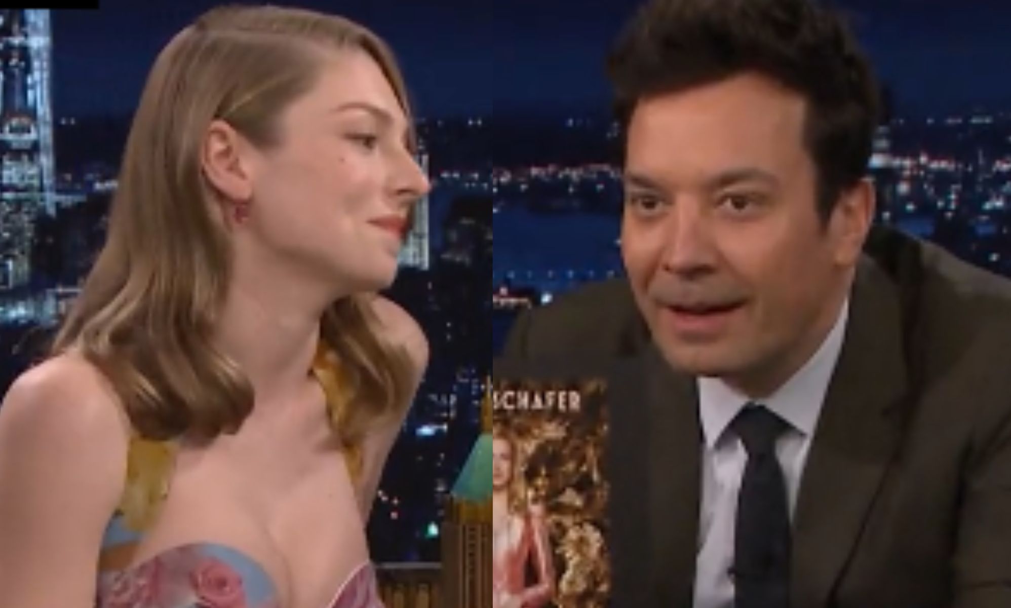 A split image of Hunter Schafer and Jimmy Fallon.