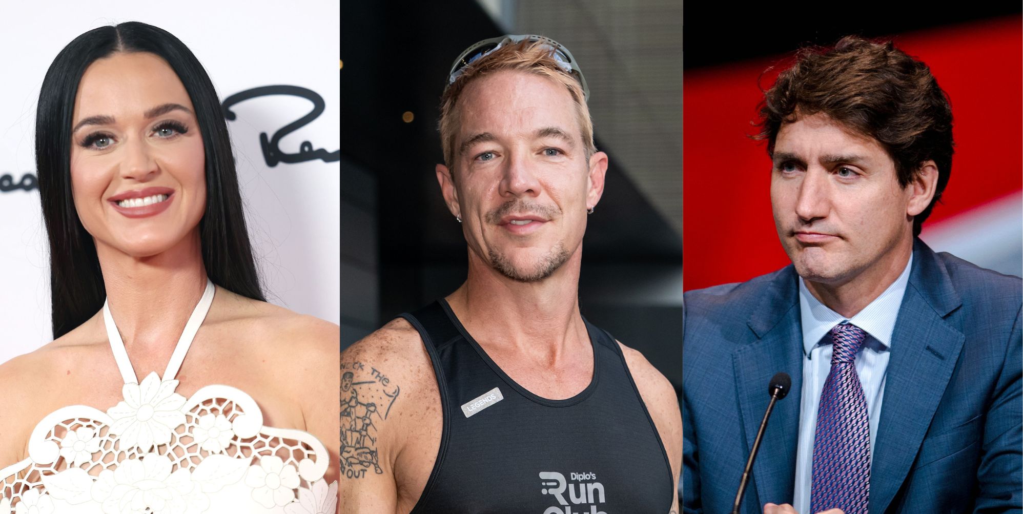 An image composite featuring katy Perry, Diplo and Justin Trudeau at different events.