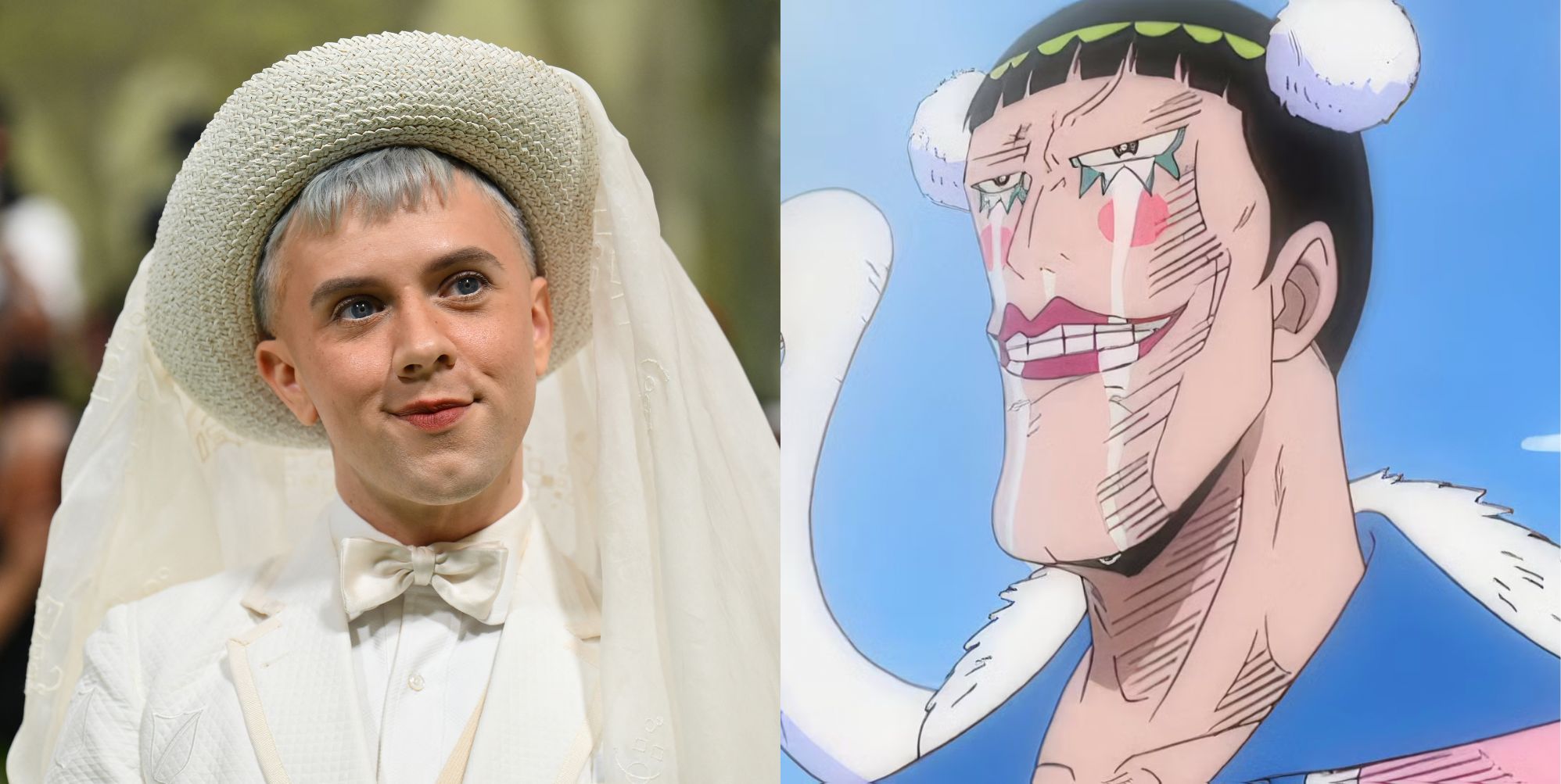 On the left, Cole Escola in a white suit and hat. On the right, Bon Clay in the manga comic One Piece.