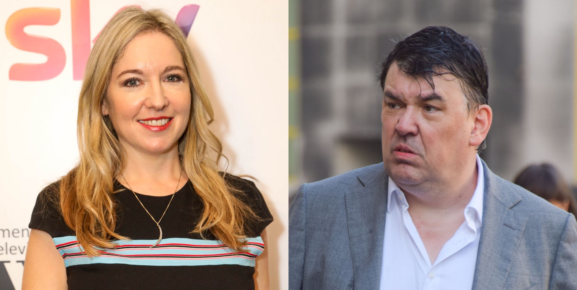 On the left, Victoria Coren Mitchell in 2018. On the right, Graham Linehan in 2025.