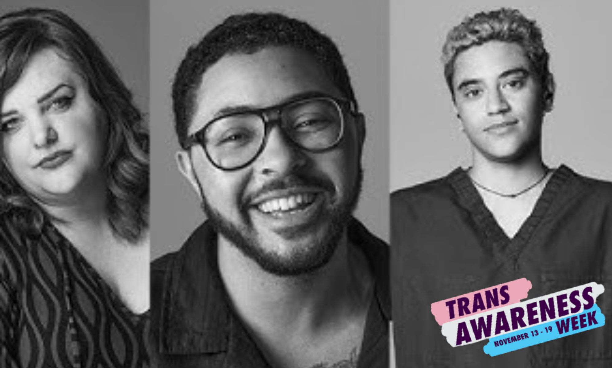 Three monochrome portraits of trans people.