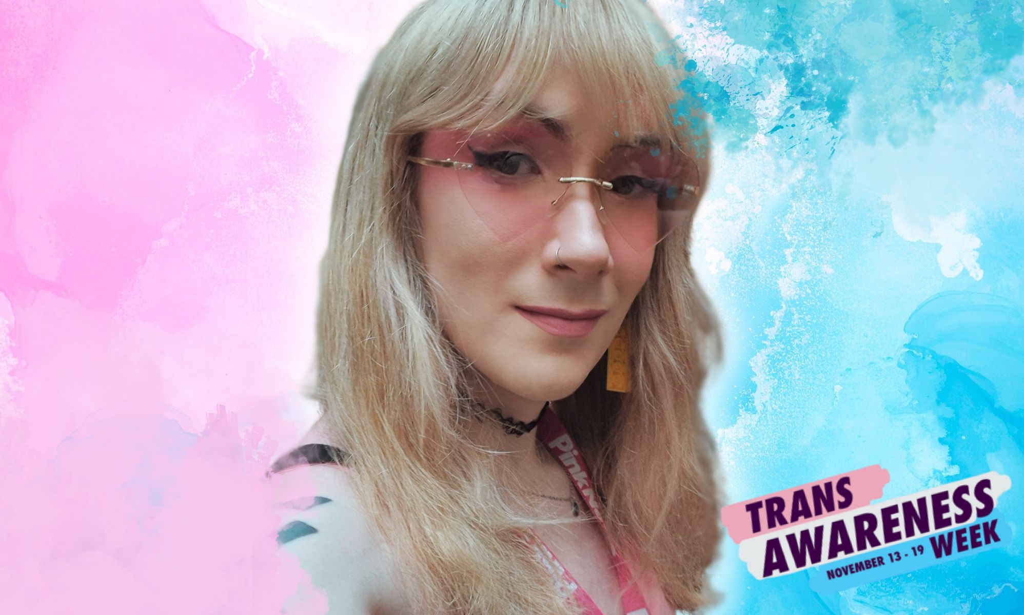 An edited photo of Amelia Hansford for Trans Awareness Week.