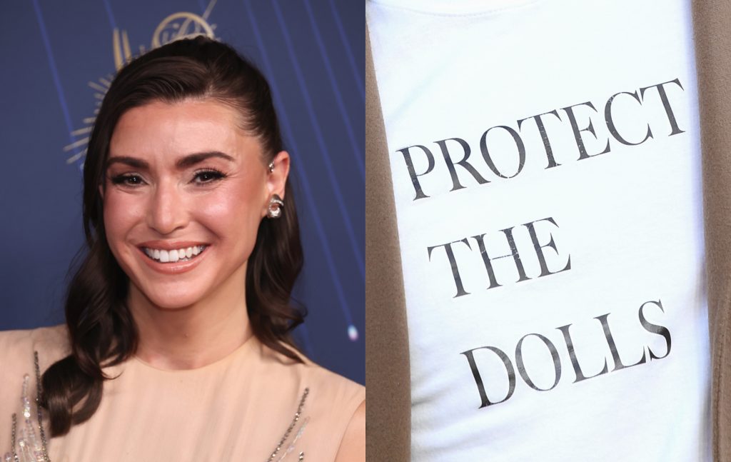 Bronwyn Newport in a nude coloured dress looking at the camers. A seperate image of a while t-shirt with text reading Protect the Dolls