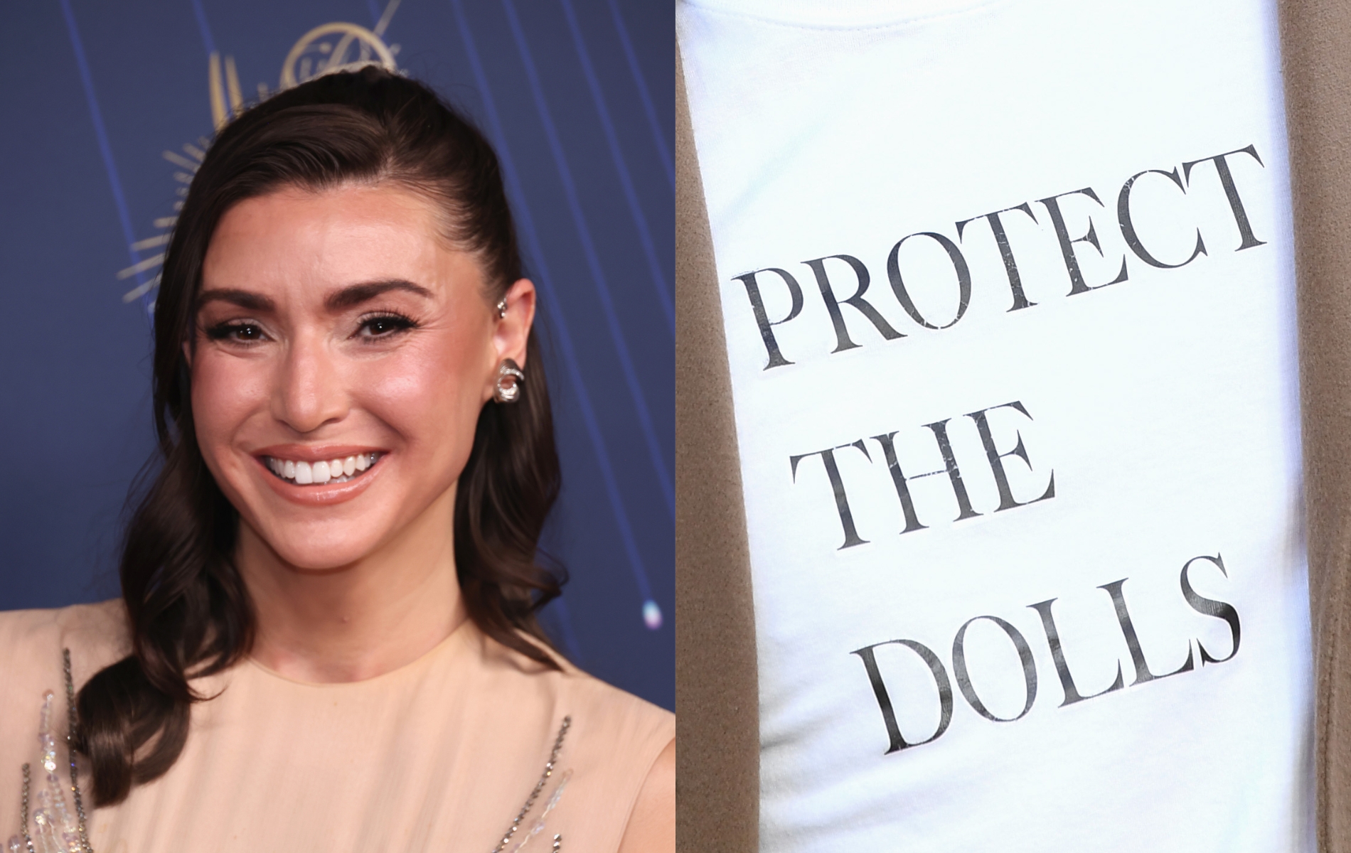 Bronwyn Newport in a nude coloured dress looking at the camers. A seperate image of a while t-shirt with text reading Protect the Dolls