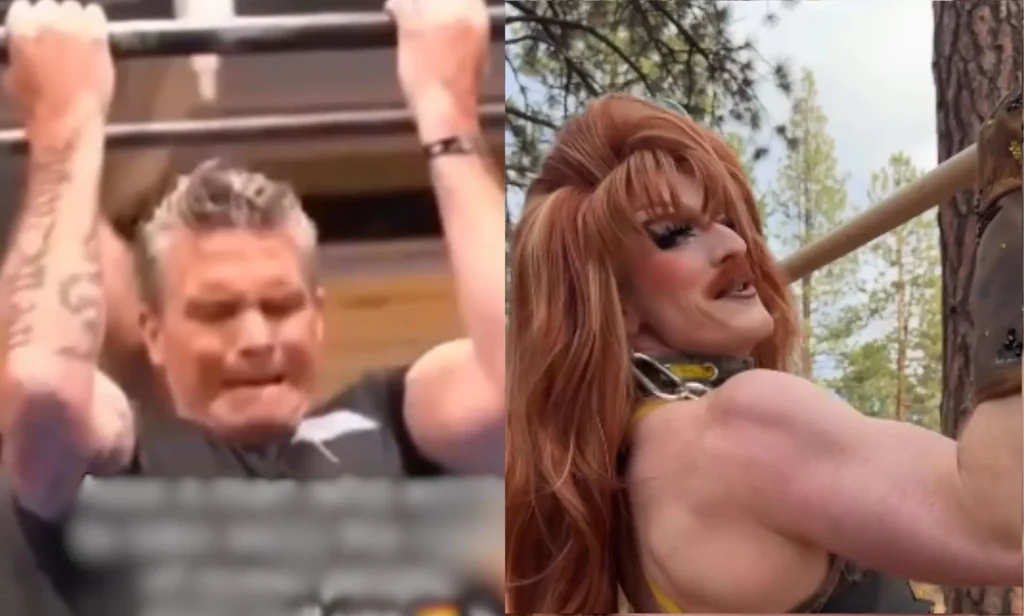A split image of Pete Hegseth struggling to do a pull-up, next to Pattie Gonia casually doing a pull-up.