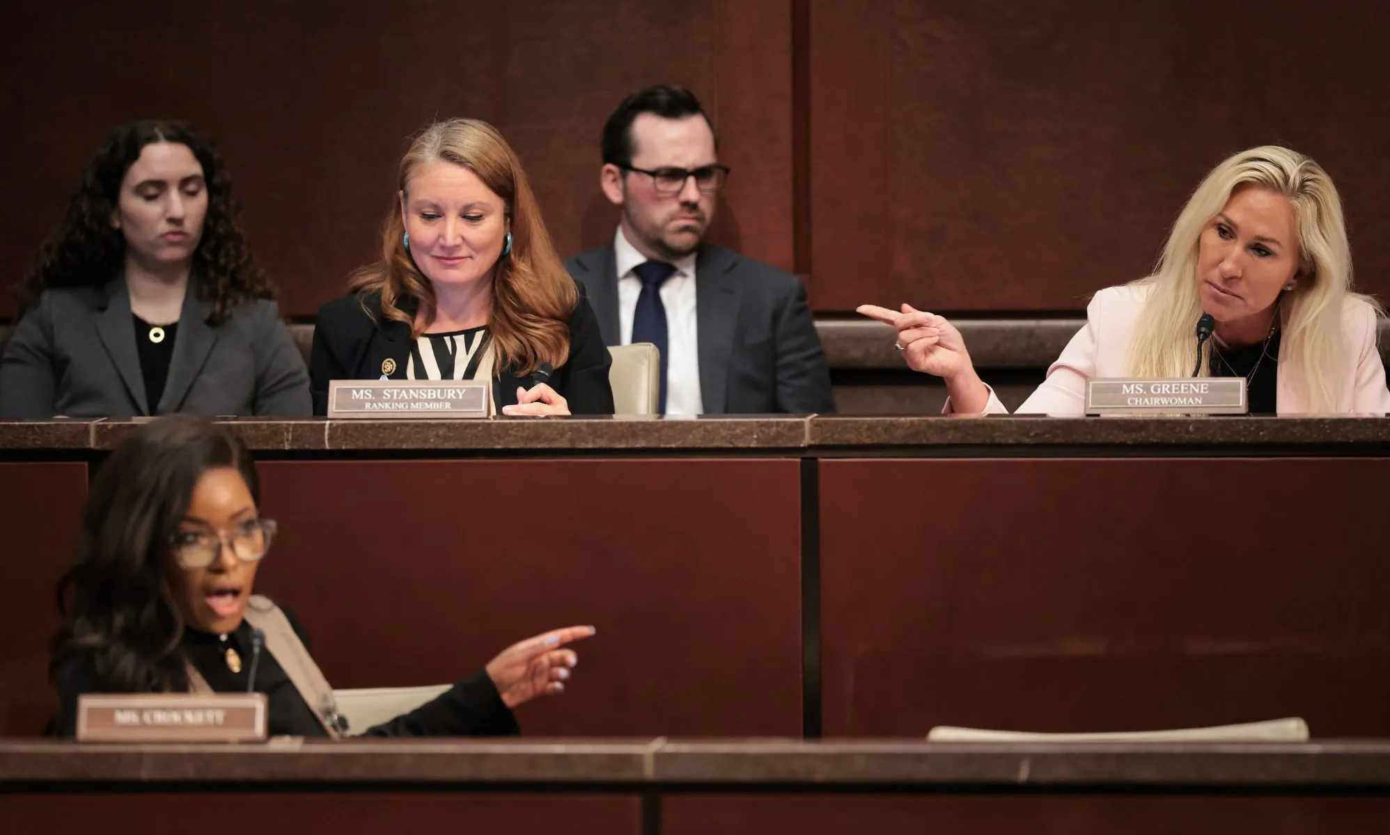 Jasmine Crockett and Marjorie Taylor Greene during the DOGE committee hearing.